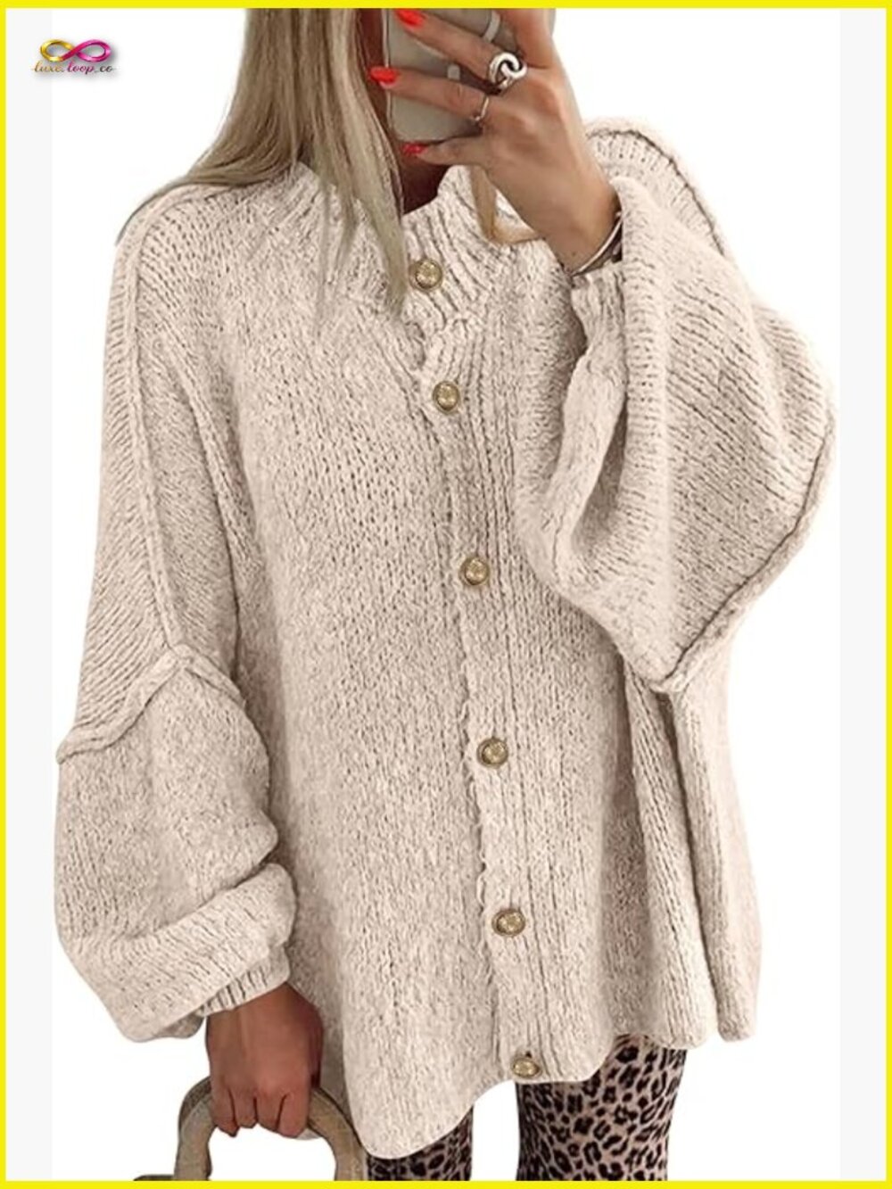Oversized Chunky Knit Cardigan Sweater Button Front Lantern Long Sleeve Open